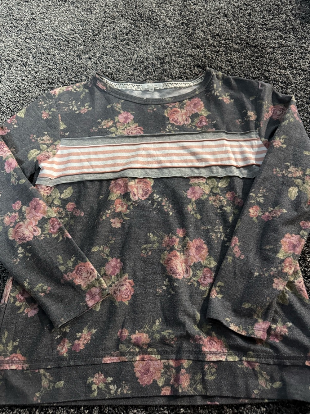 Maurices Black Floral Crewneck Sweater with Pink Stripe Panel